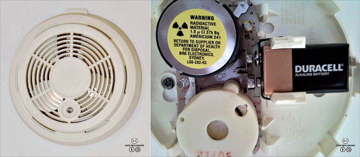 이온화식 연기 감지기의 외관(좌측)과 내부. 아메리슘 동위원소 241Am은 산화물 형태로 화재 경보용 연기 감지기에 사용된다. 아메리슘은 가정 용품에 사용되는 유일한 초우라늄 원소이다. <출처: (cc) MD111at frickr.com(내부사진)>