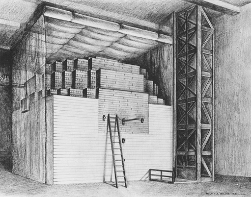 시카고 대학에 설치된 우라늄 연쇄 핵반응을 일으키는 최초의 원자로 스케치.