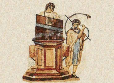 물오르간(water organ)과 코르누(cornu)를 연주하는 모습 <출처: Wikimedia>