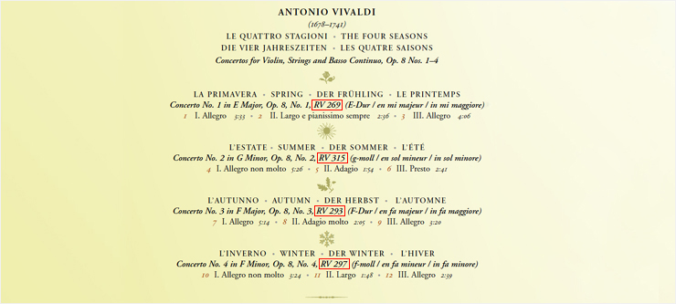 비발디 [사계]음반의 뒷면 각 곡마다 비발디의 작품번호를 뜻하는 RV 번호(붉은색 사각형 부분)가 붙어있다.
